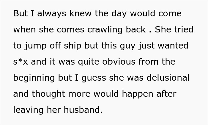 Text snippet about a woman trying to reconcile after her affair, hoping for more than just s*x from the other guy. Text snippet about a woman trying to reconcile after her affair, hoping for more than just s*x from the other guy.