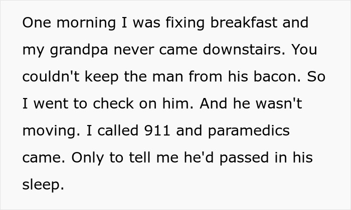 Text about grandpa passing in his sleep during breakfast, related to toxic parents story