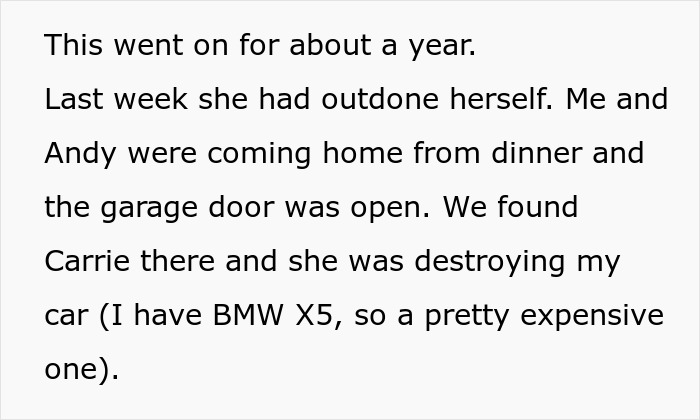 Text describing stepdaughter destroying an expensive BMW X5 car