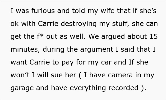 Text about argument over stepdaughter destroying car and threat of legal action