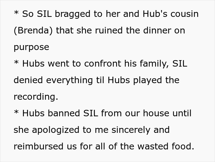 SIL admits to ruining dinner, husband confronts family with recording