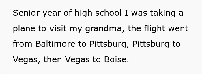 Text excerpt describing a high school senior's multi-stop plane journey