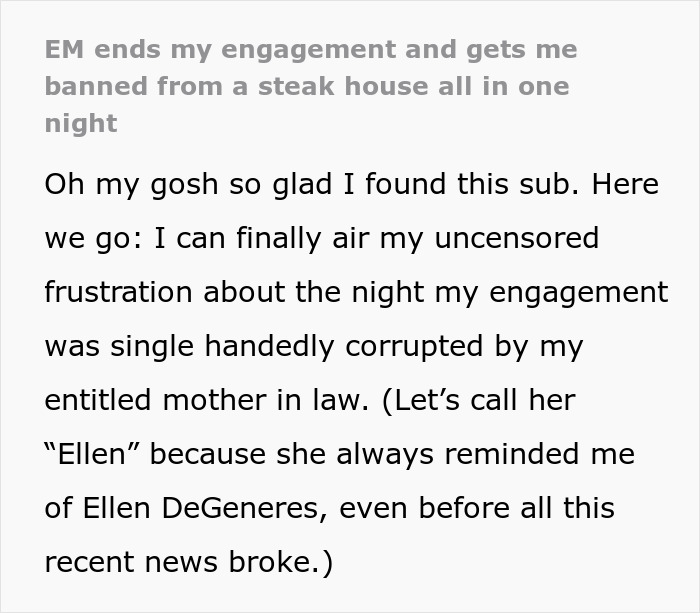 Text about engagement ending and steak house ban caused by mother-in-law Text about engagement ending and steak house ban caused by mother-in-law