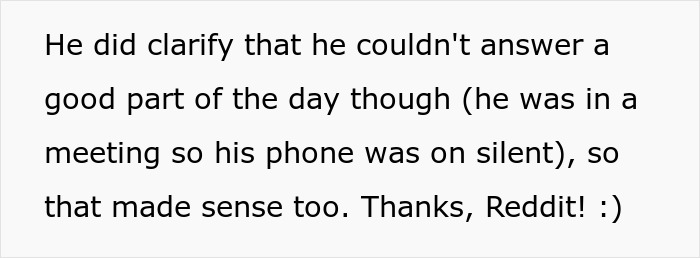 Text on a light gray background, clarifying a man's availability due to a meeting, relating to a wife's job. Thanks Reddit! :)