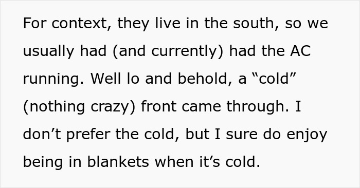 Text about cold weather and using blankets to prove a point