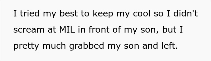 Text: Dad tries to keep his cool, avoiding screaming at MIL for secretly baptizing his child, then leaves. Major meltdown averted.