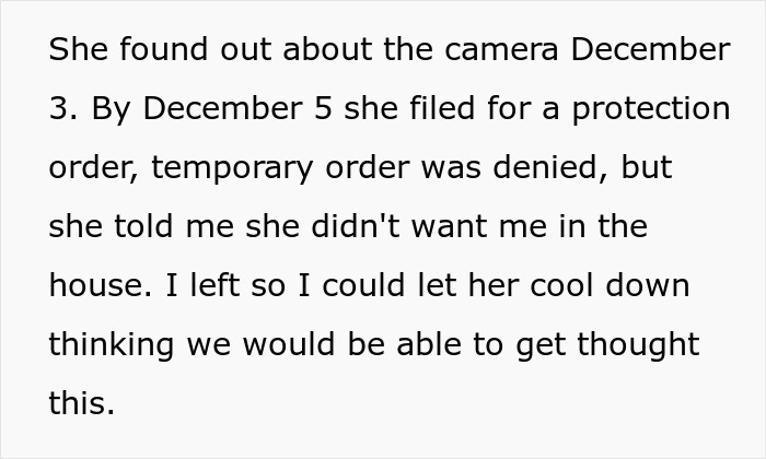 Wife discovers camera, files for protection order and rejects him
