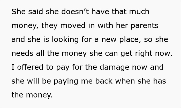Text about stepdaughter lacking money and agreement on paying for car damage