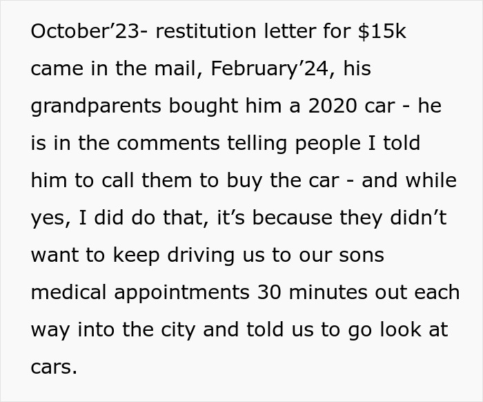 Text from a SAHM describing restitution letter for $15k, her fianc&eacute;'s new car, and family harassment over debts.
