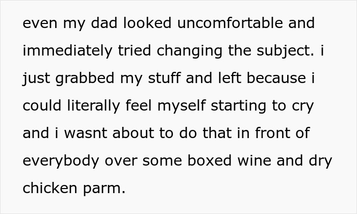 Text about feeling upset and leaving dinner after cruel comment Text about feeling upset and leaving dinner after cruel comment