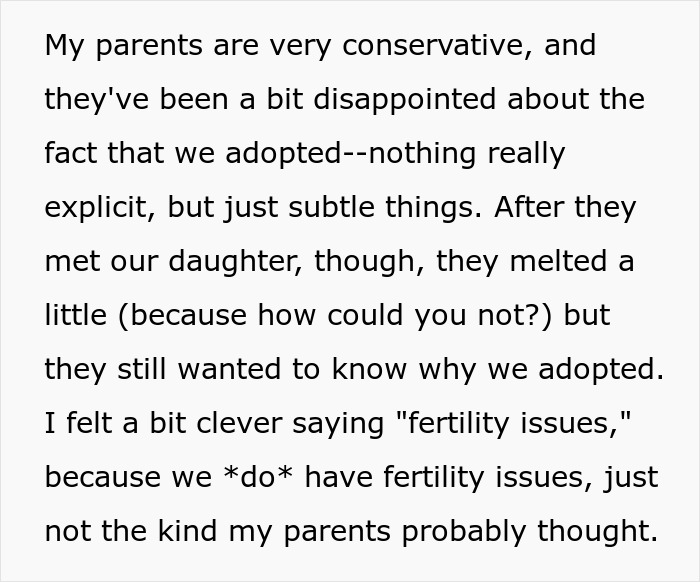 Text about conservative parents responding to adoption and fertility issues Text about conservative parents responding to adoption and fertility issues