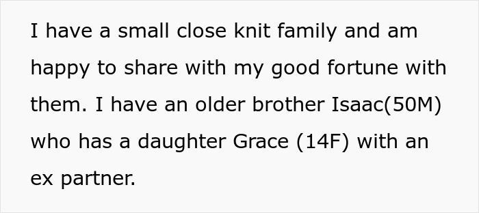 Text from a wealthy woman, sharing she spoils her niece and family with her fortune, setting up sibling jealousy.