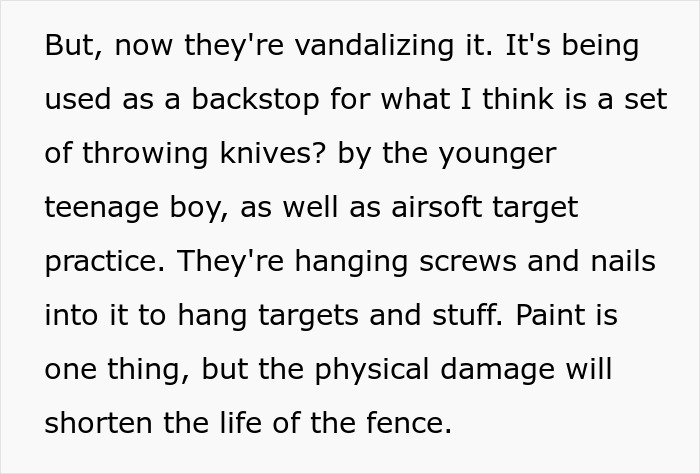 Text about vandalism and physical damage to neighbor's fence