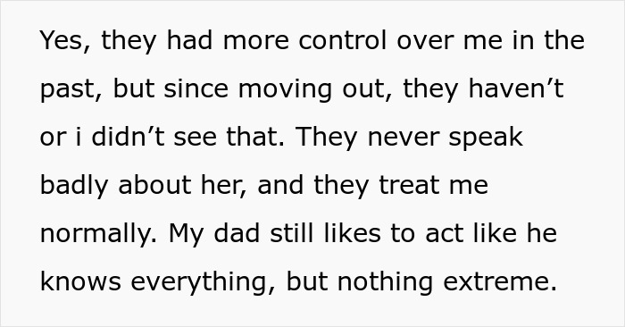 A screenshot of text discussing parents and manipulation, reflecting concerns about a fianc&eacute;e expecting someone to cut off parents.