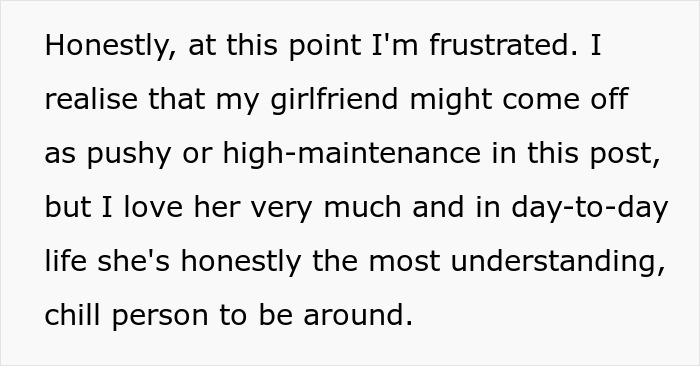 Text expressing frustration about the girlfriend and how she is understanding in daily life