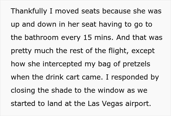 Text about moving seats and flight experience including snacks and bathroom trips