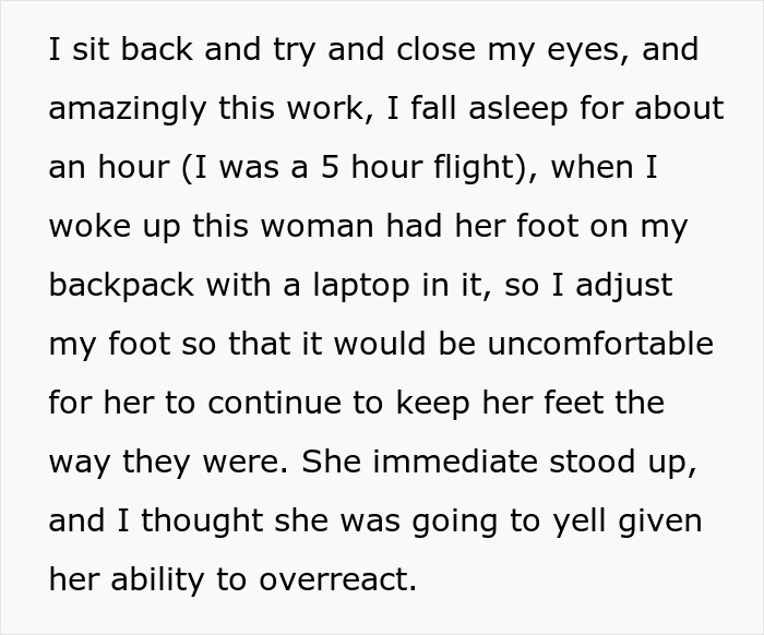 Text about falling asleep on flight and being disturbed by a woman putting her foot on a backpack