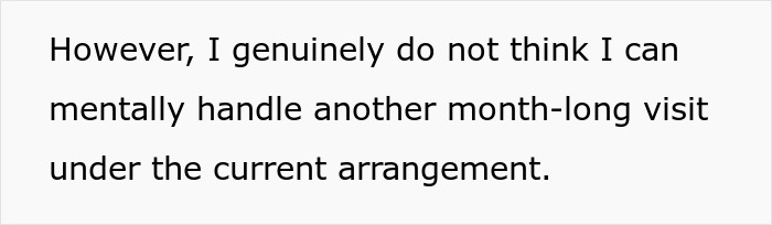 Text expressing wife's mental strain from month-long in-laws visits Text expressing wife's mental strain from month-long in-laws visits