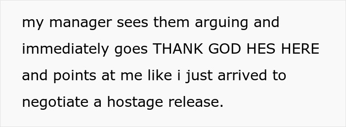 Manager sees arguing and reacts like arriving to negotiate a hostage release in basic Spanish workplace story Manager sees arguing and reacts like arriving to negotiate a hostage release in basic Spanish workplace story