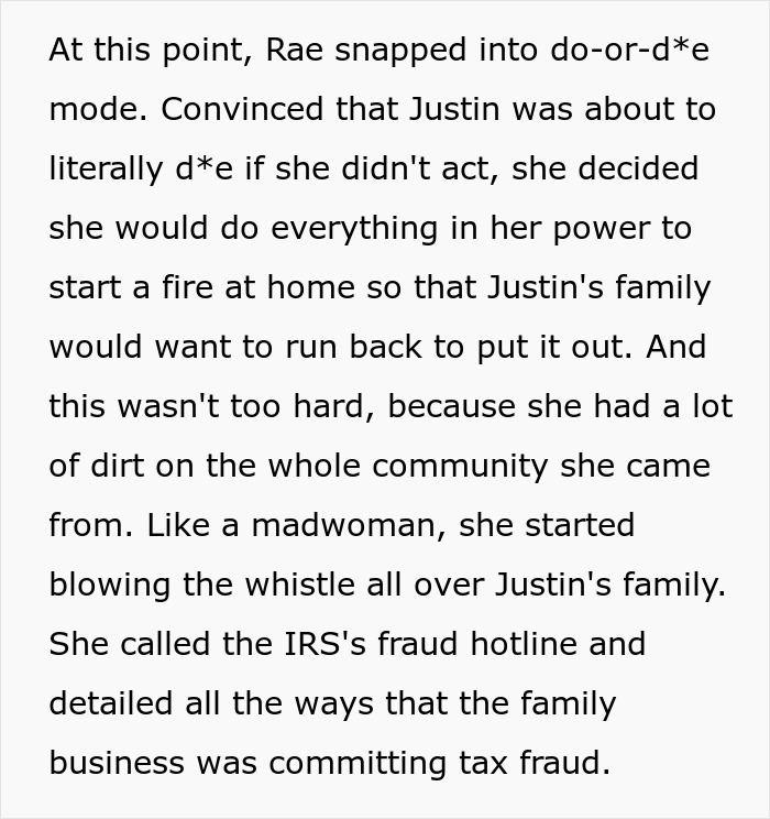 Text about whistleblowing and tax fraud in a restrictive religious family business
