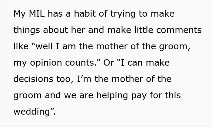 Mother-in-law asserts her influence over wedding decisions and outfit choices Mother-in-law asserts her influence over wedding decisions and outfit choices