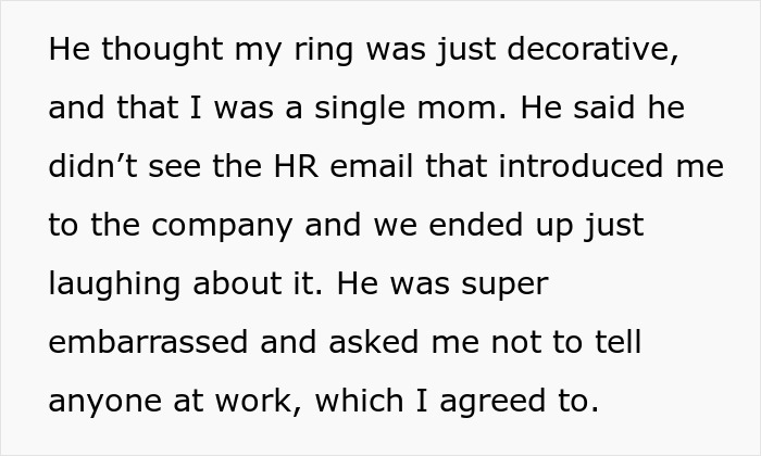Screenshot of text recounting an awkward date. Coworker thought ring was decorative, believed she was single. Embarrassed.