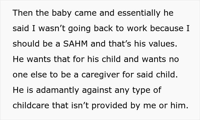 Text about being a SAHM with traditional values and childcare control