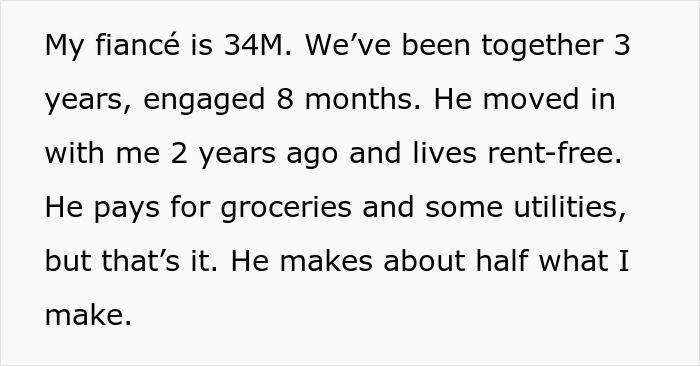 Text about fiance living rent free and earning half the income