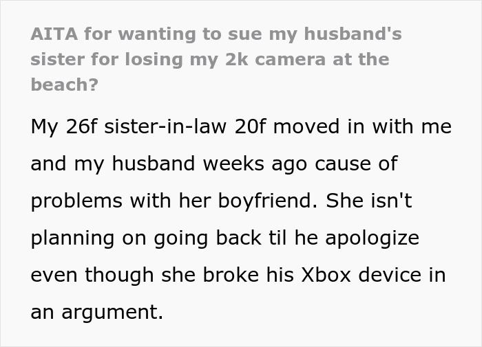 A white background with black text detailing a sister-in-law problem: a woman wants to sue her sister-in-law for a lost camera.