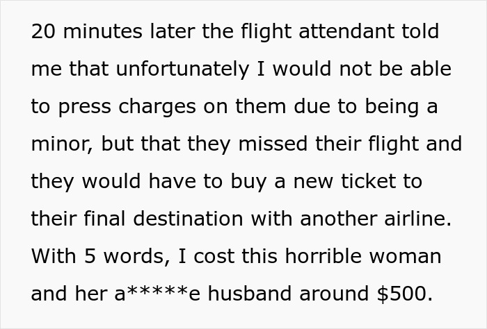 Text about flight attendant saying minor can't press charges and flight ticket cost