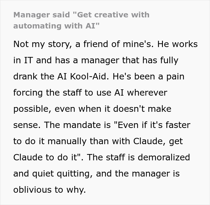 Text about manager forcing staff to use AI despite drawbacks