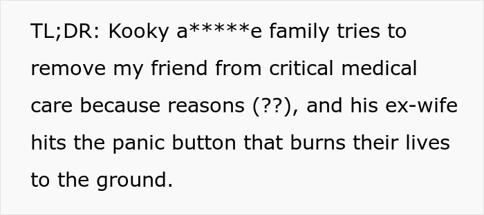 Summary text about a family's attempt to remove medical care