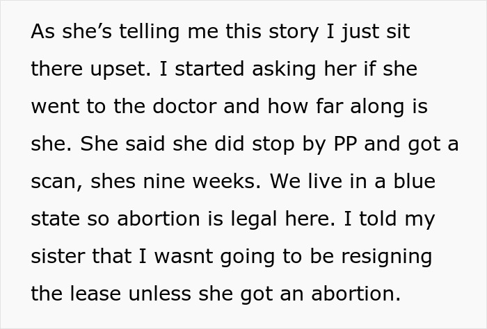 Text about sister's pregnancy and abortion options in a blue state