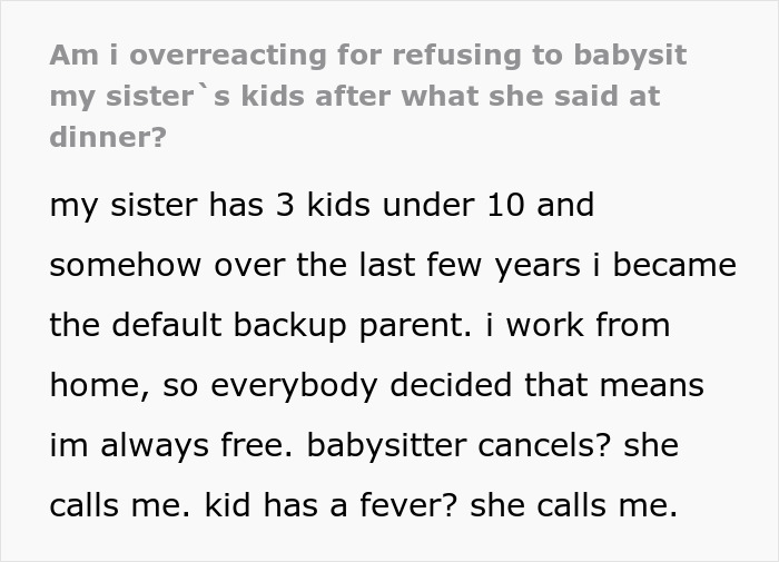 Text excerpt about refusing to babysit sister's kids after dinner comment Text excerpt about refusing to babysit sister's kids after dinner comment