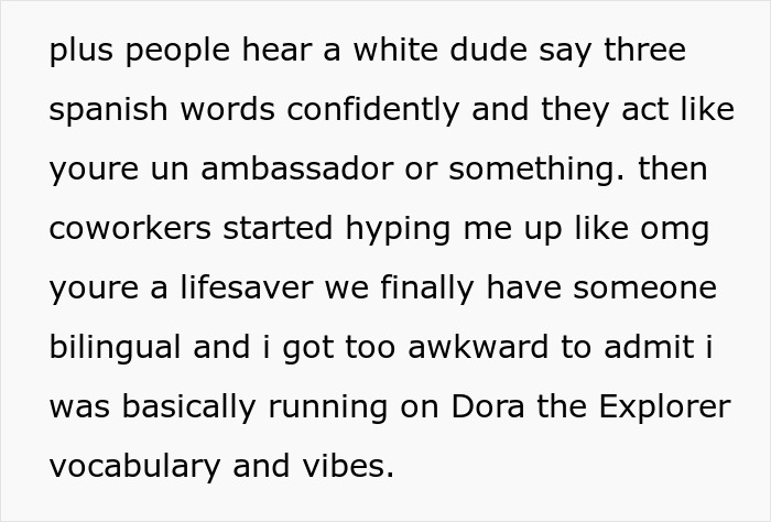 Text about coworkers praising basic Spanish from Dora the Explorer vocabulary Text about coworkers praising basic Spanish from Dora the Explorer vocabulary