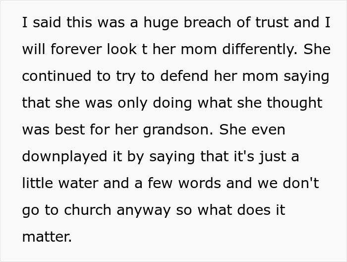 Text describes a dad's meltdown after his MIL secretly baptized their child, highlighting a breach of trust.