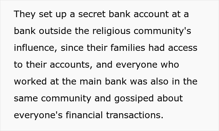 Text describing secret bank account set up outside religious community