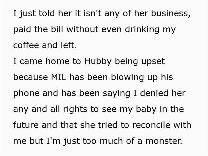 A screenshot of text on a white background about MIL disowning grandchild and seeing her baby in the future.