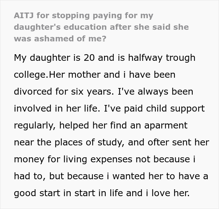 A screenshot of a Reddit post about a 20YO calling her dad a family driver, leading him to take away her funds.