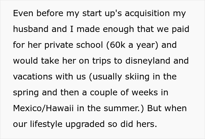 Text about a wealthy woman spoiling her niece with private school and vacations, before her stepsiblings get jealous.