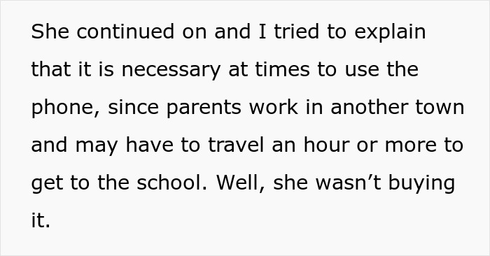 Text screenshot of an online article about an entitled mom, detailing a school administrator's efforts to explain phone use policy. Text screenshot of an online article about an entitled mom, detailing a school administrator's efforts to explain phone use policy.