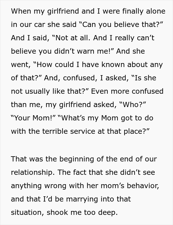Man shocked by fiancée siding with mom after restaurant incident Man shocked by fiancée siding with mom after restaurant incident