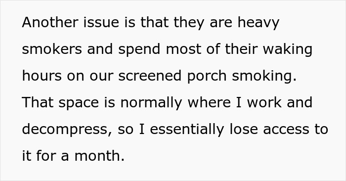 Text describing heavy smoking habits of in-laws during visits Text describing heavy smoking habits of in-laws during visits