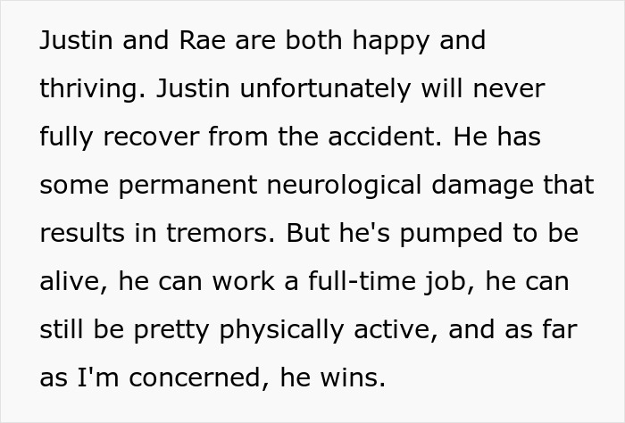 Text describing Justin's recovery and neurological damage