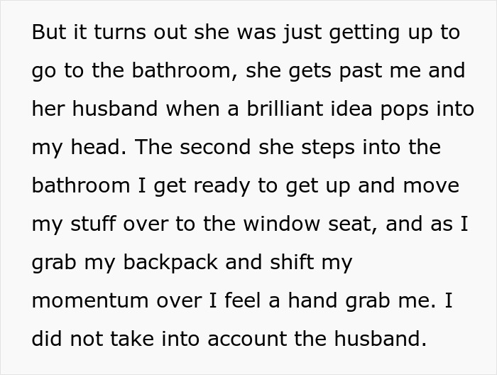 Text about pregnant woman getting up to go to bathroom and interaction with husband on plane