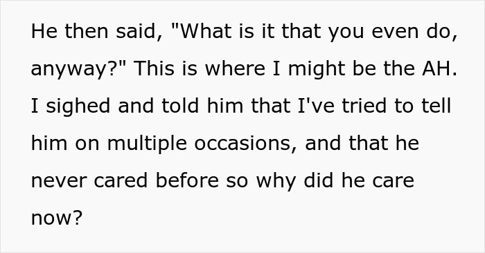 Text from a story, where a man suddenly asks about his wife's job, despite never being interested before.