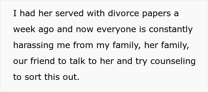 Text about a husband serving divorce papers and being harassed by family for a postpartum wife.