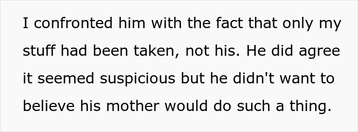 Text snippet on a light background, detailing a confrontation about items taken from a son's house on Valentine's Day.