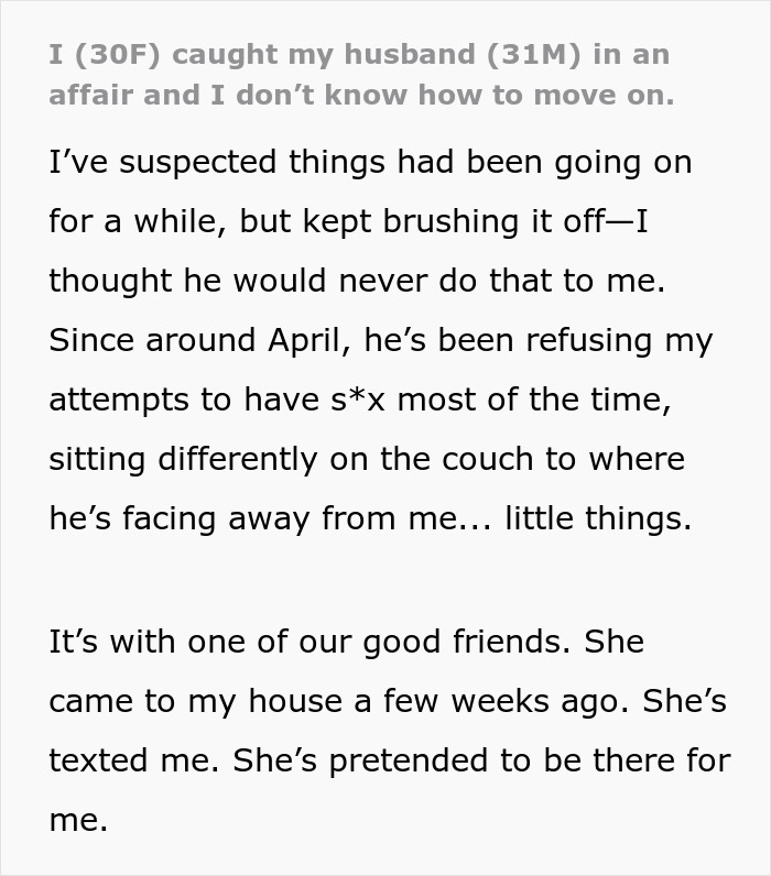 Text describing a woman's discovery of her husband's affair