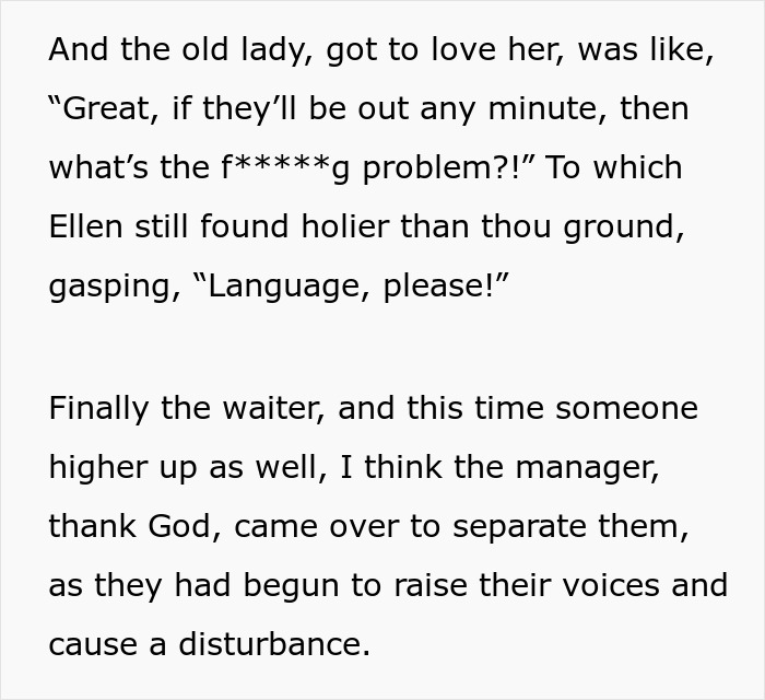 Elderly woman swears during dinner fiasco before manager intervenes at restaurant Elderly woman swears during dinner fiasco before manager intervenes at restaurant